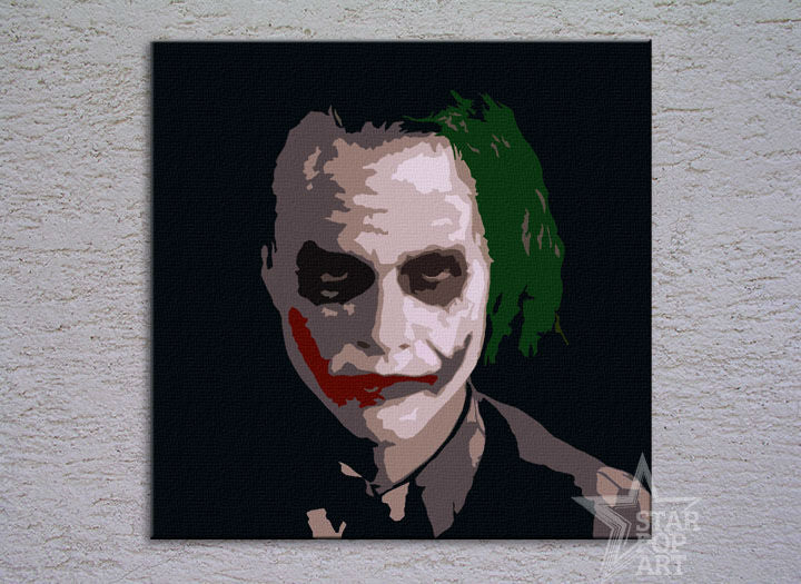 Pictat manual tablou pe pânză cu motivul JOKER în negru nuanțe, lumea filmului | POP Art pictat manual tablou JOKER – produs