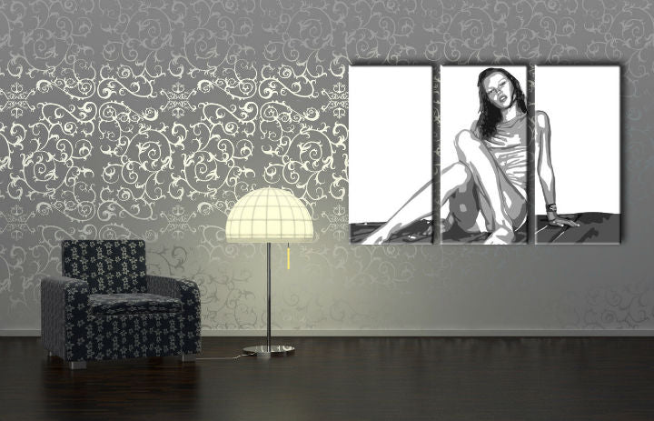 Pop art tablou pe pânză cu motivul Kate Moss, natură în alb-negru nuanțe agățat în interiorul sufragerie, frumusețe | POP Art pictat manual tablou Kate Moss – interior