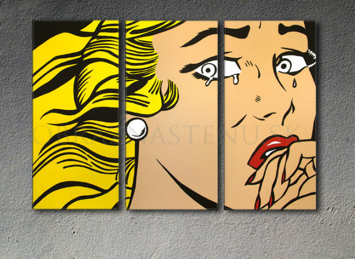Pictat manual tablou pe pânză cu motivul LICHTENSTEIN, păr în galben-negru nuanțe, atmosferă melancolică, cultură pop | POP Art pictat manual tablou LICHTENSTEIN – produs