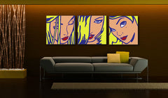Pop art tablou pe pânză cu motivul LICHTENSTEIN în albastru-roșu nuanțe agățat în interiorul sufragerie, atmosferă jucăușă, frumusețe și iconografie – interior