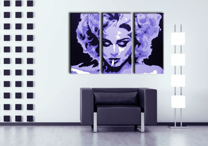 Pop art tablou cu motivul MADONNA, țigară de foi, natură în violet-negru nuanțe | POP Art pictat manual tablou MADONNA, glorie și iconografie – previzualizare