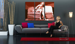 Pop art tablou pe pânză cu motivul Marilyn Monroe în bej-maro nuanțe agățat în interiorul sufragerie | POP Art pictat manual tablou Marilyn Monroe – interior