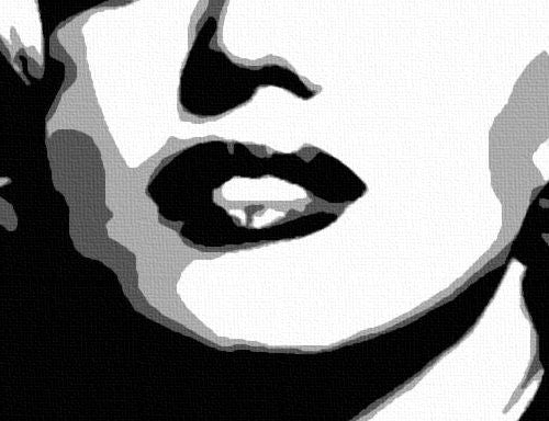 Pictat manual tablou pe pânză cu motivul Marilyn Monroe în negru-alb nuanțe, atmosferă dramatică, glorie și iconografie | POP Art pictat manual tablou Marilyn Monroe – produs, vedere 2