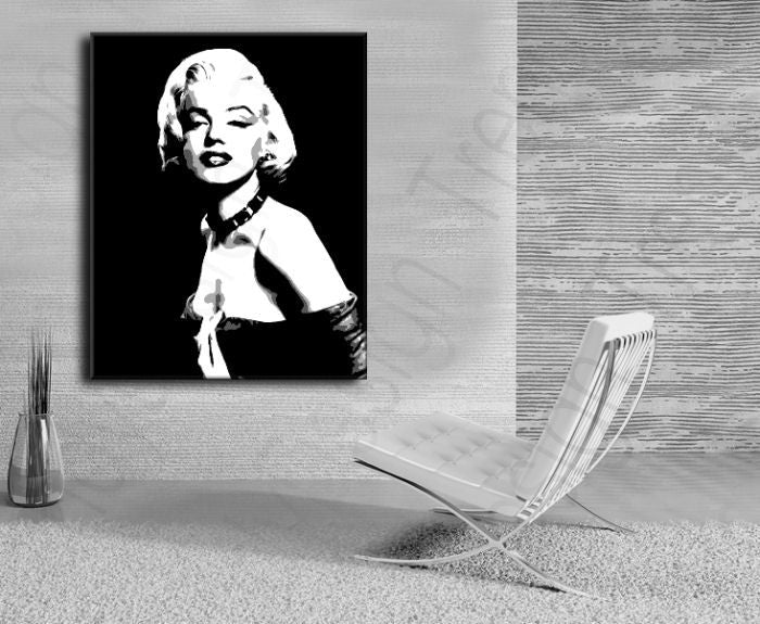 Pictat manual tablou pe pânză cu motivul Marilyn Monroe în negru-alb nuanțe, atmosferă dramatică, glorie și iconografie | POP Art pictat manual tablou Marilyn Monroe – produs