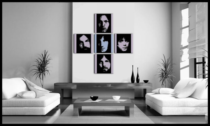Pop art tablou pe pânză cu motivul Pink Floyd 4 piese pf, natură în alb-albastru nuanțe agățat în interiorul birou, istorie muzicală – interior