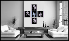 Pop art tablou pe pânză cu motivul Pink Floyd 4 piese pf, natură în alb-albastru nuanțe agățat în interiorul birou, istorie muzicală – interior
