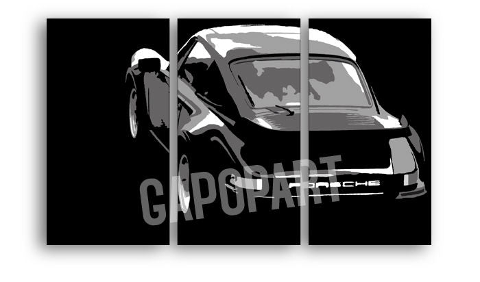 Pictat manual tablou pe pânză cu motivul PORSCHE 911 în negru-gri nuanțe, impresie de lux | POP Art pictat manual tablou PORSCHE 911 – principală