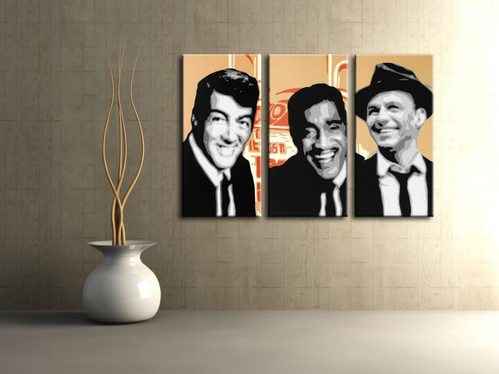 Pop art tablou pe pânză cu motivul Rat Pack, natură în alb-roșu nuanțe agățat în interiorul sufragerie, atmosferă nostalgică, istorie muzicală – interior, vedere 2
