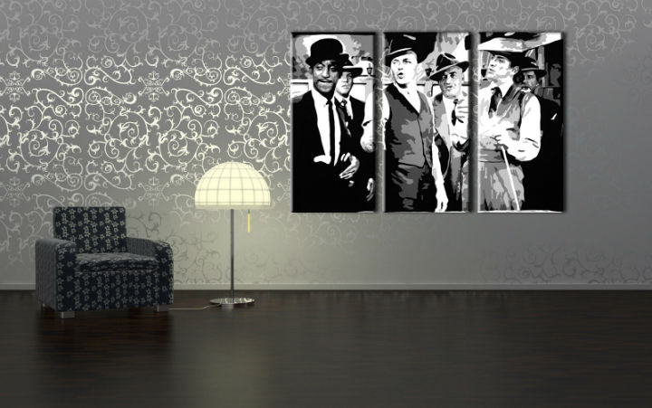 Pop art tablou pe pânză cu motivul Rat Pack, natură în alb-roșu nuanțe agățat în interiorul sufragerie, atmosferă nostalgică, istorie muzicală – interior, vedere 3