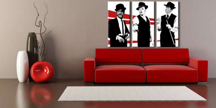 Pop art tablou pe pânză cu motivul Rat Pack, natură în alb-roșu nuanțe agățat în interiorul sufragerie, atmosferă nostalgică, istorie muzicală – interior