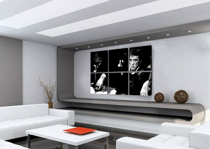 Pictat manual tablou pe pânză cu motivul SCARFACE-AL PACINO în negru-alb nuanțe, atmosferă dramatică, lumea filmului și impresie de lux | POP Art pictat manual tablou SCARFACE-AL PACINO – principală