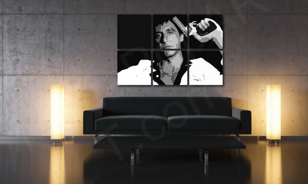 Pop art tablou pe pânză cu motivul Scarface - AL PACINO, natură în alb-negru nuanțe agățat în interiorul sufragerie, lumea filmului și viață urbană – interior