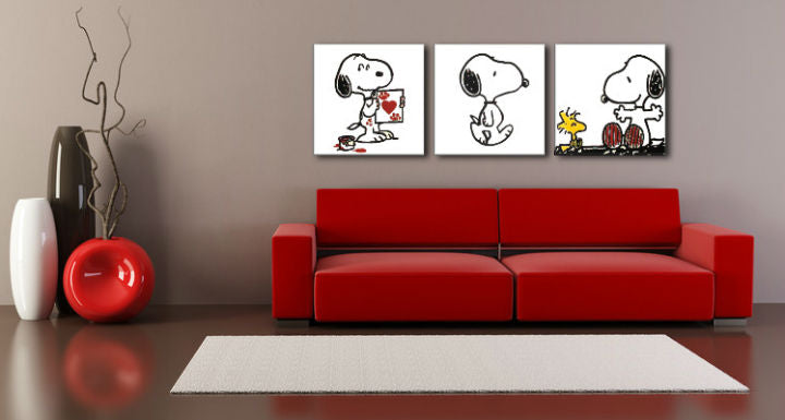 Pictat manual tablou pe pânză cu motivul SNOOPY, inimă în alb-negru nuanțe, atmosferă jucăușă, dragoste și nostalgie | POP Art pictat manual tablou SNOOPY – principală