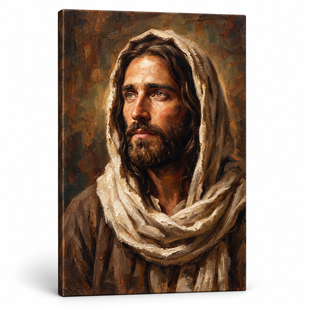 Portret detaliat al feței lui Isus Hristos din profil, accent pe ochii pătrunzători și textură pe pânză, vizualizare 3D cu șasiu din lemn, Papilora Premium Art.