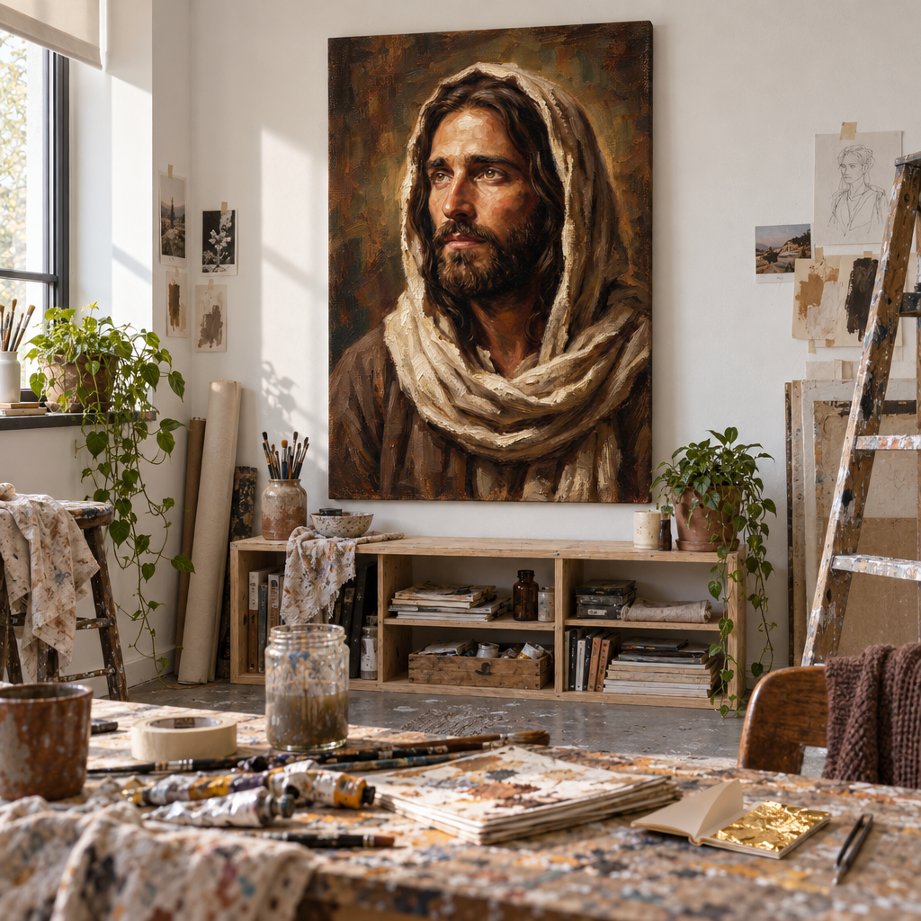 Tablou cu portretul lui Isus Hristos pe șevalet în atelierul Papilora, proces de finisare manuală cu acril, lumină naturală, calitate artistică premium.