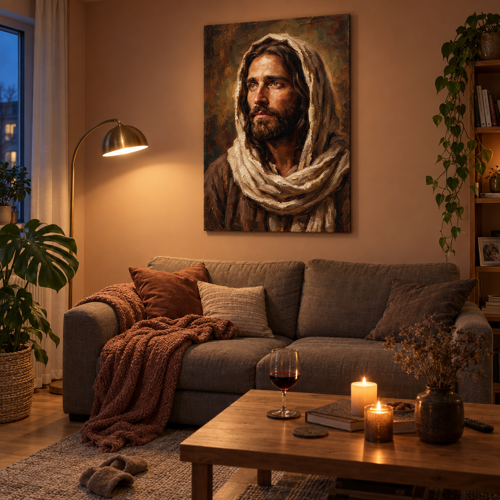 Tablou cu portretul lui Isus Hristos din profil, expus într-un living modern, deasupra unei console din lemn cu decorațiuni elegante, stil minimalist.