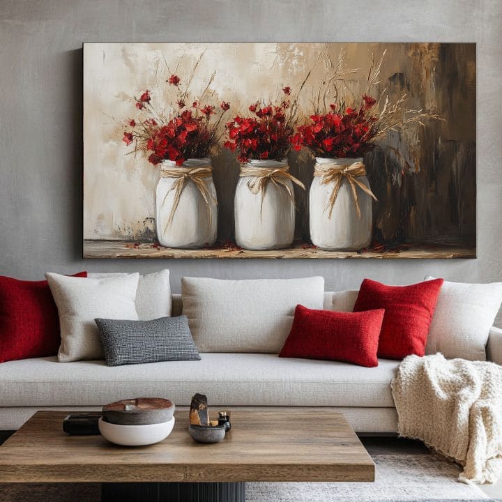 Pictat manual tablou pe pânză în crem-roșu nuanțe, atmosferă confortabilă, natură și acasă | Rustic tablou, decorațiune de perete – produs, vedere 2