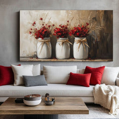 Pictat manual tablou pe pânză în crem-roșu nuanțe, atmosferă confortabilă, natură și acasă | Rustic tablou, decorațiune de perete – produs, vedere 2