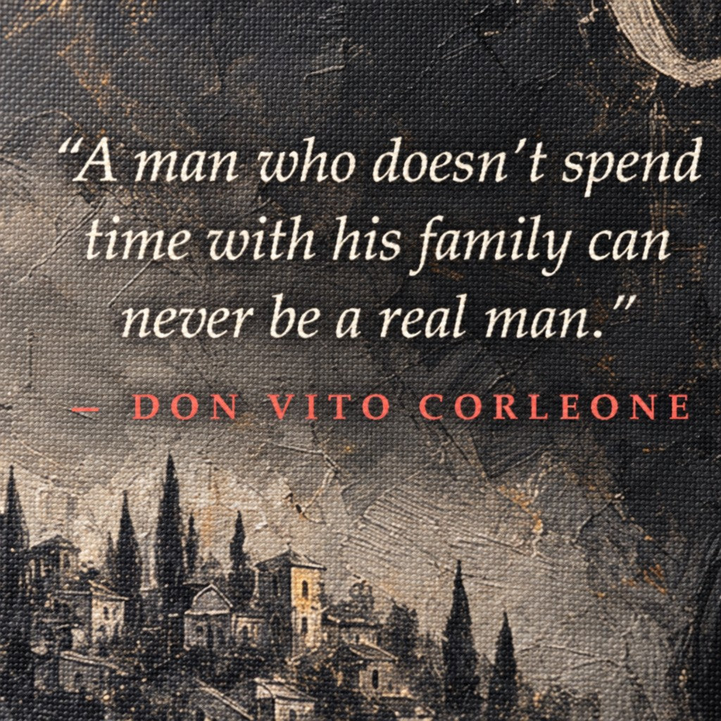 Detaliu tablou The Godfather cu citatul celebru despre familie, textură pânză canvas de înaltă calitate, stil artistic dramatic și noir