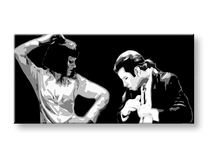 Pop art tablou pe pânză cu motivul Pulp Fiction, bărbat în costum, natură în alb-negru nuanțe, atmosferă dramatică, potrivit pentru birou – produs