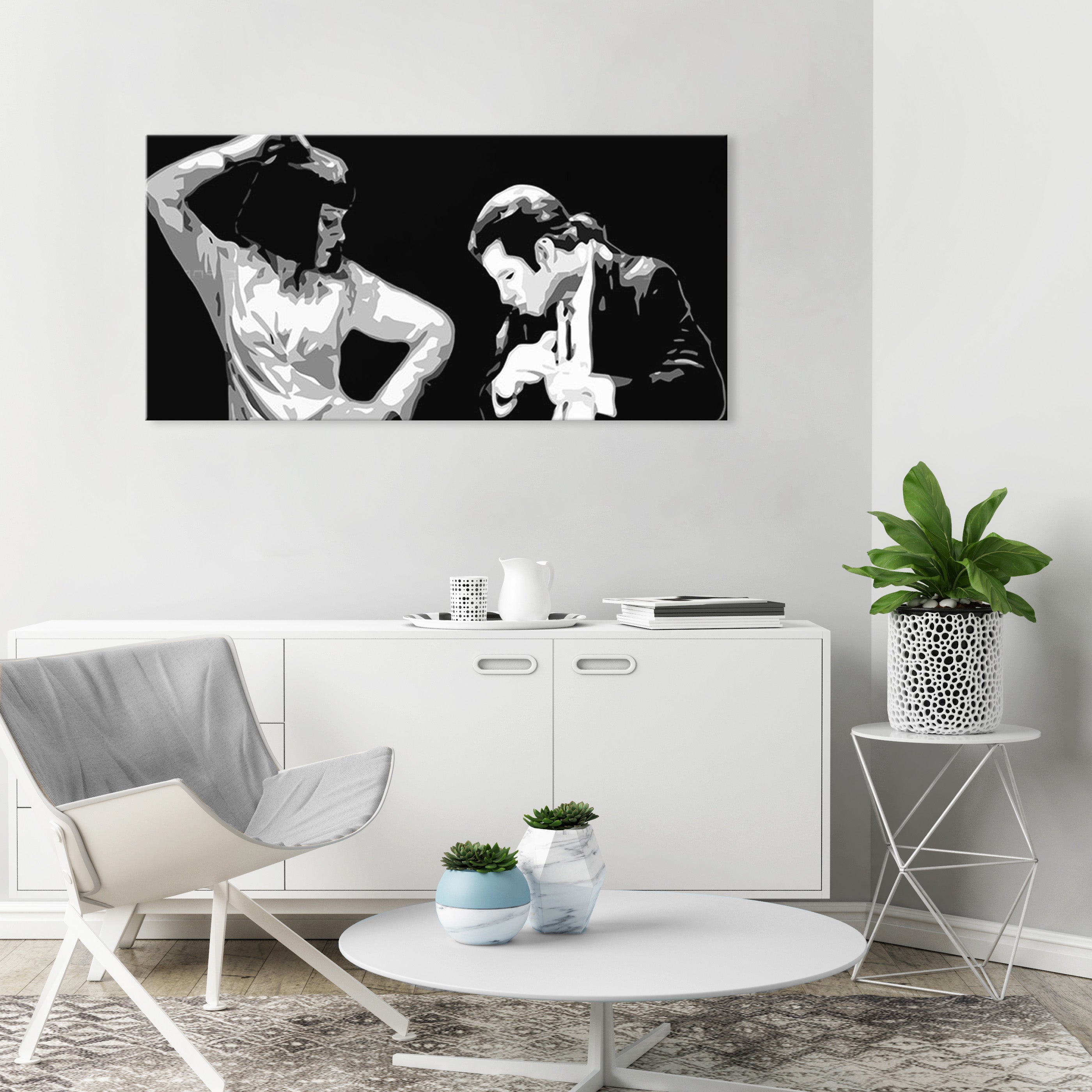 Pop art tablou pe pânză cu motivul Pulp Fiction, bărbat în costum, natură în alb-negru nuanțe, atmosferă dramatică, potrivit pentru birou – principală
