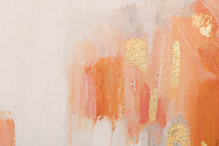 O vedere de aproape a picturii abstracte, cu textură vizibilă și compoziție detaliată, prezentând copaci portocalii și flori cu accente aurii, Papilora.