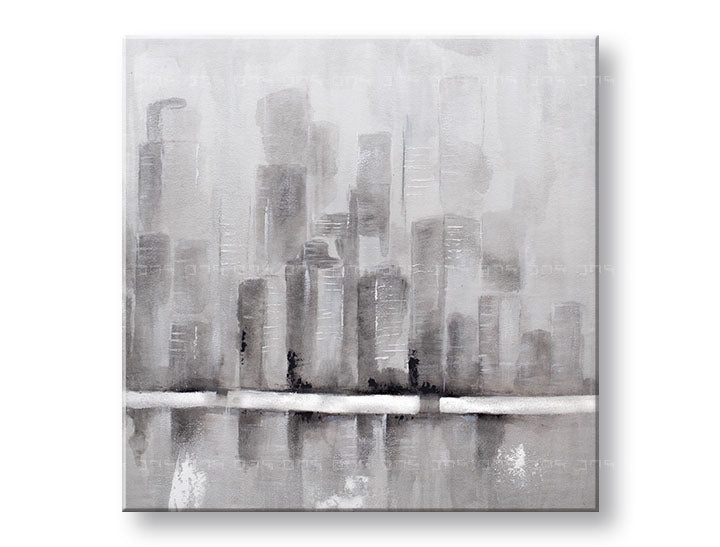 O pictură originală pe pânză, reprezentând un peisaj urban abstract în tonuri de gri, cu reflexii pe o suprafață orizontală, vizibilă pe un șasiu de lemn, Papilora.