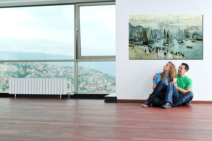 Vintage tablou pe pânză cu motivul port, panorama orașului, hartă în albastru-gri nuanțe agățat în interiorul sufragerie, atmosferă liniștită | Tablou pe pânză RYBÁRSKE BĂRCI OPUSTILI PRÍSTAV LE HAVRE –...