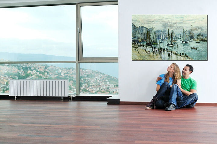 Vintage tablou cu motivul port, panorama orașului, hartă în albastru-gri nuanțe | Tablou pe pânză RYBÁRSKE BĂRCI OPUSTILI PRÍSTAV LE HAVRE – Claude Monet – previzualizare