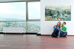 Vintage tablou cu motivul port, panorama orașului, hartă în albastru-gri nuanțe | Tablou pe pânză RYBÁRSKE BĂRCI OPUSTILI PRÍSTAV LE HAVRE – Claude Monet – previzualizare
