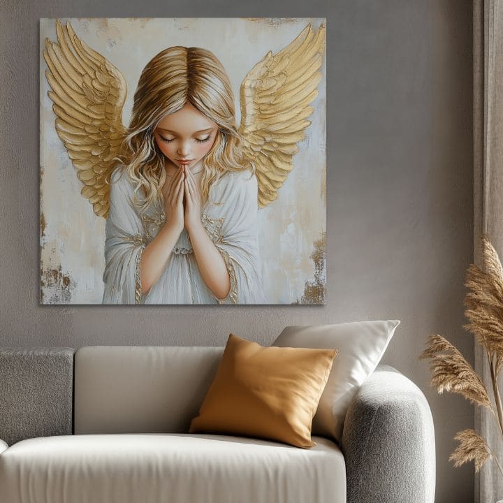 tablou cu îngeri pe pânză – vizualizare 3D a canvasului cu ramă din lemn vizibilă, Papilora Premium Art.