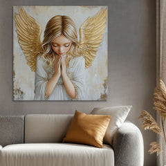 tablou cu îngeri pe pânză – vizualizare 3D a canvasului cu ramă din lemn vizibilă, Papilora Premium Art.