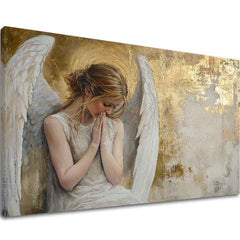 tablou cu îngeri pe pânză – vizualizare 3D a canvasului cu ramă din lemn vizibilă, Papilora Premium Art.