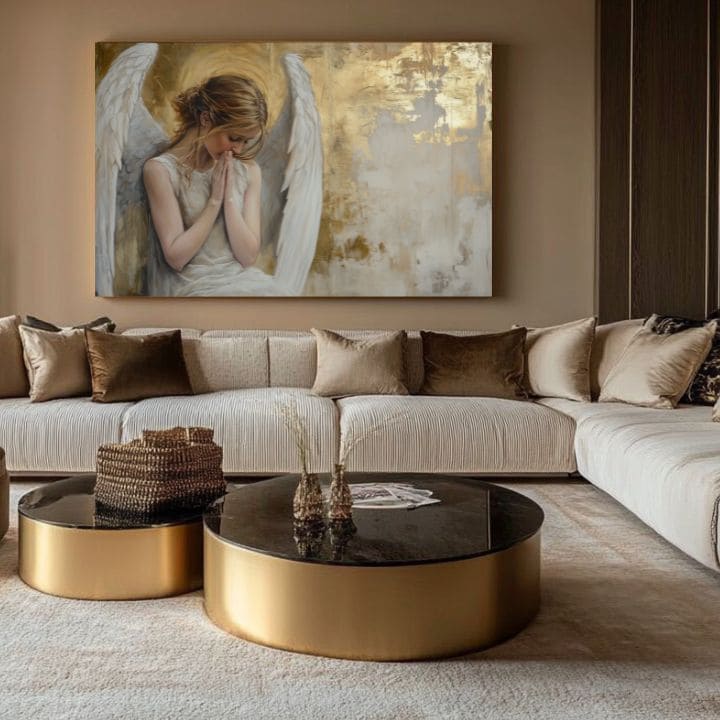 tablou cu îngeri într-un living modern – mockup interior, Papilora.