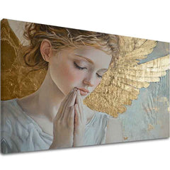 tablou cu îngeri pe pânză – vizualizare 3D a canvasului cu ramă din lemn vizibilă, Papilora Premium Art.