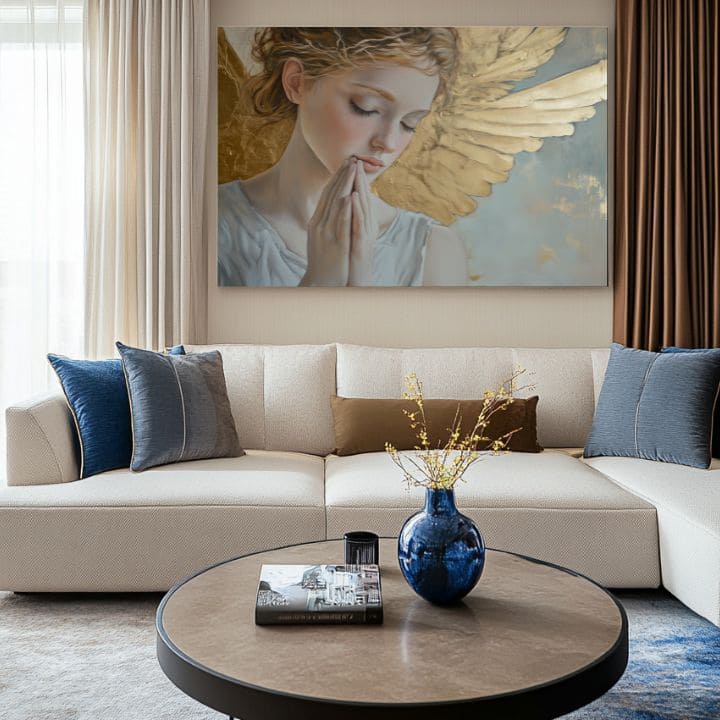 tablou cu îngeri într-un living modern – mockup interior, Papilora.
