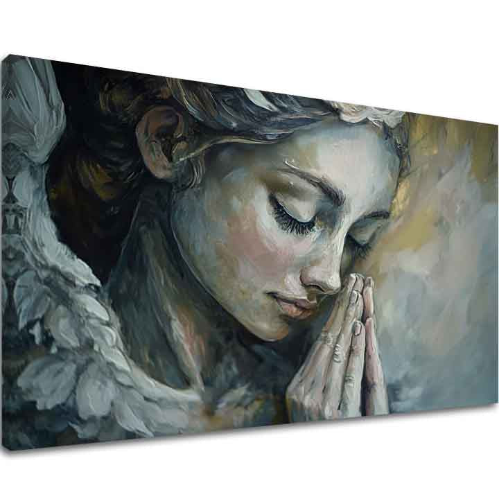 tablou cu îngeri pe pânză – vizualizare 3D a canvasului cu ramă din lemn vizibilă, Papilora Premium Art.