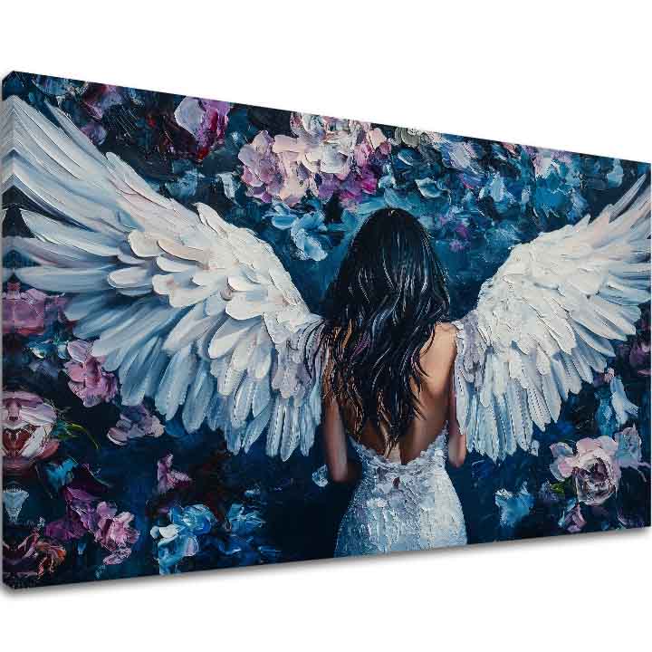 tablou cu îngeri pe pânză – vizualizare 3D a canvasului cu ramă din lemn vizibilă, Papilora Premium Art.