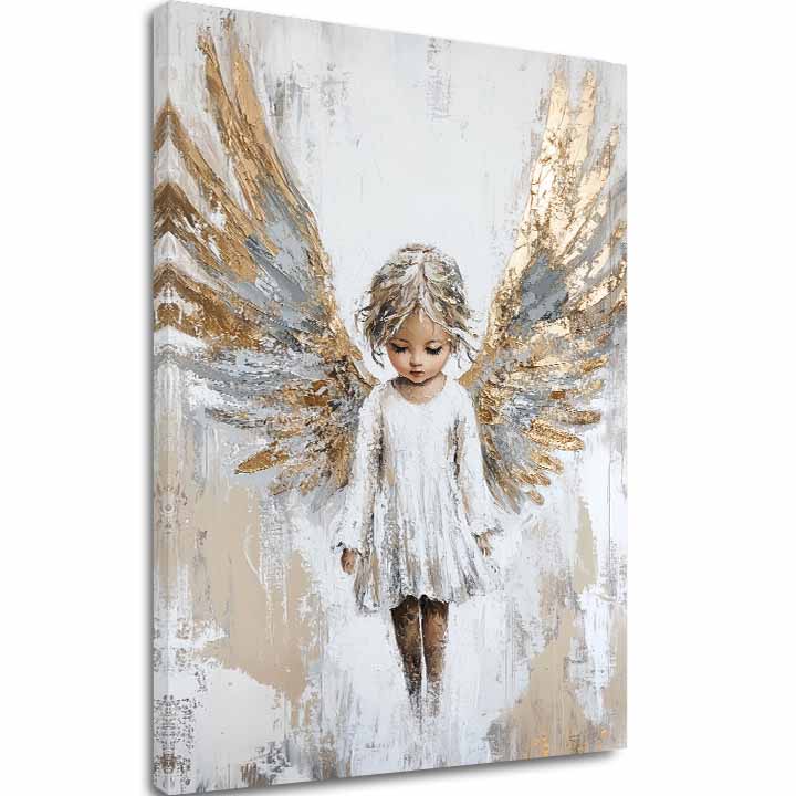 tablou cu îngeri pe pânză – vizualizare 3D a canvasului cu ramă din lemn vizibilă, Papilora Premium Art.