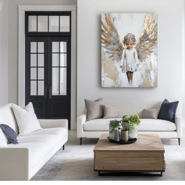 tablou cu îngeri într-un living modern – mockup interior, Papilora.