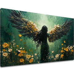 tablou cu îngeri pe pânză – vizualizare 3D a canvasului cu ramă din lemn vizibilă, Papilora Premium Art.