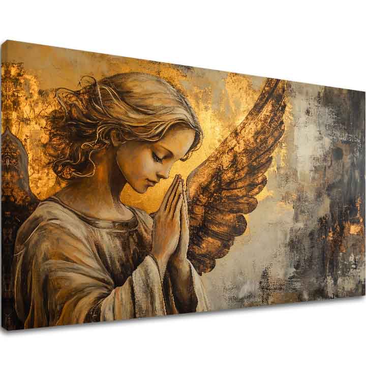tablou cu îngeri pe pânză – vizualizare 3D a canvasului cu ramă din lemn vizibilă, Papilora Premium Art.