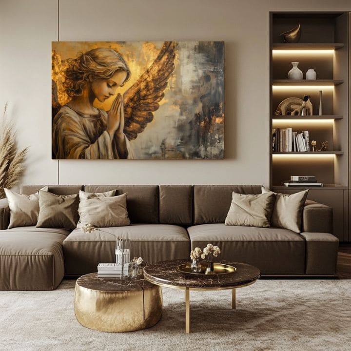 tablou cu îngeri într-un living modern – mockup interior, Papilora.