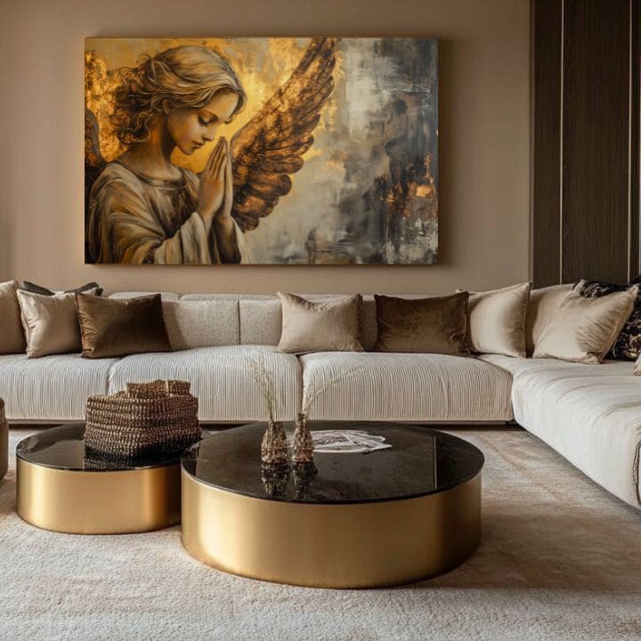 tablou cu îngeri într-un living modern – mockup interior, Papilora.
