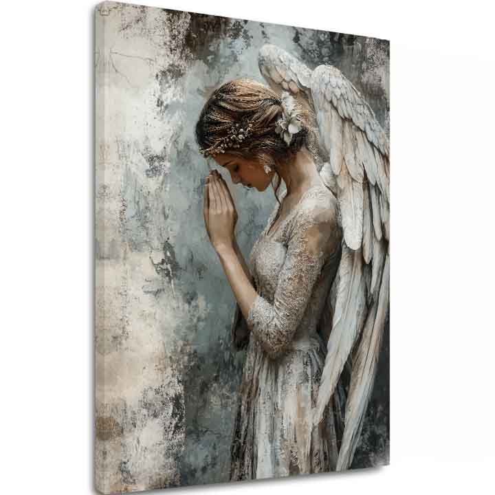 tablou cu îngeri pe pânză – vizualizare 3D a canvasului cu ramă din lemn vizibilă, Papilora Premium Art.