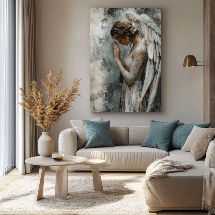 tablou cu îngeri într-un living modern – mockup interior, Papilora.