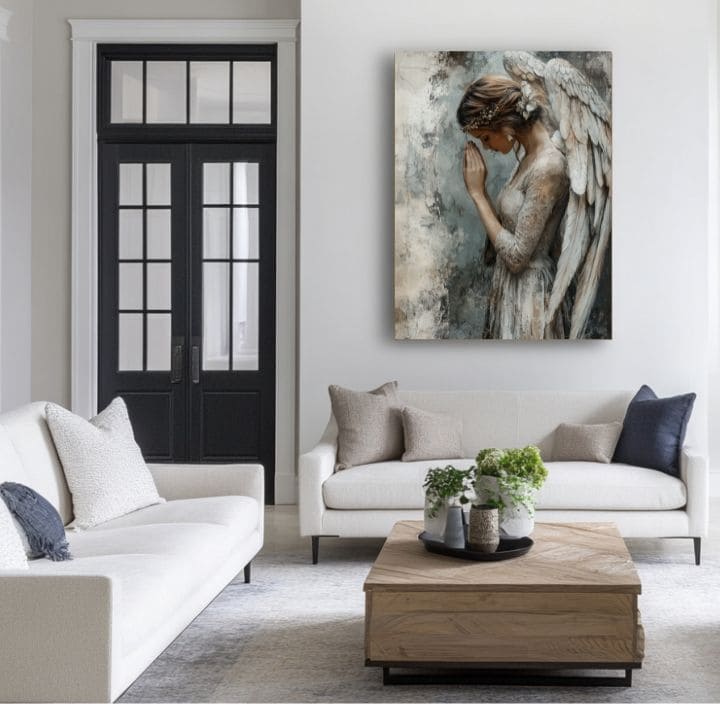 tablou cu îngeri într-un living modern – mockup interior, Papilora.