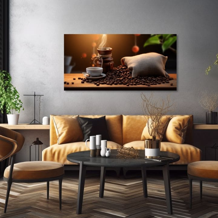 Modern tablou pe pânză cu motivul Abstraktná Aróma, ceașcă de cafea, hartă în alb-bej nuanțe, atmosferă confortabilă, potrivit pentru bucătărie | De cafea tablouri pentru bucătărie Abstraktná Aróma – produs