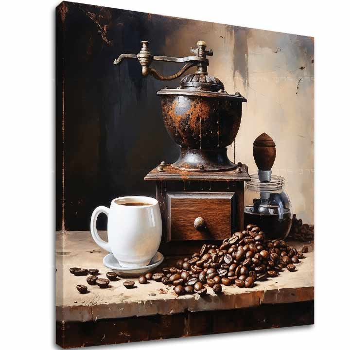 Vintage tablou pe pânză cu motivul Umelecký plăcere, ceașcă de cafea în alb-bej nuanțe, atmosferă caldă, potrivit pentru bucătărie | De cafea tablouri pentru bucătărie Umelecký plăcere – principală