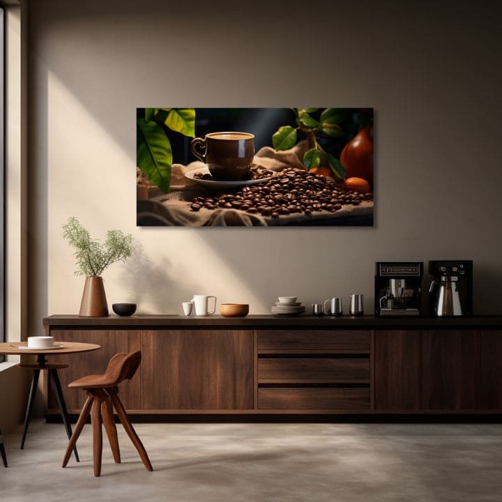 Modern tablou pe pânză cu motivul Majstrovské Dielo Baristu, ceașcă de cafea, natură în bej-maro nuanțe, atmosferă confortabilă, potrivit pentru bucătărie – produs, vedere 2